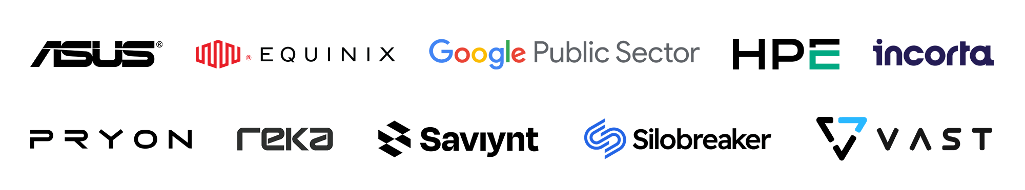 Asus-Equinix-GooglePS-HPE-Incorta-Pryon-Reka-Saviynt-Silobreaker-Vast-Logos